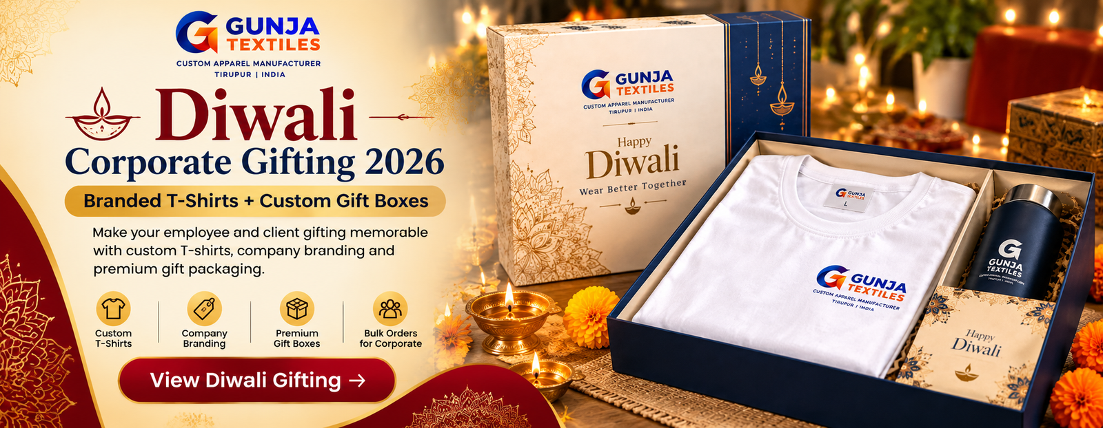 Diwali Corporate Gift Box with Branded T-Shirt and Custom Packaging – Gunja Textiles